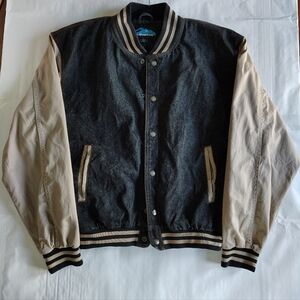 Tri Mountain Varsity Jacket Mens Large Bomber Denim Heavyweight Outdoors Snap